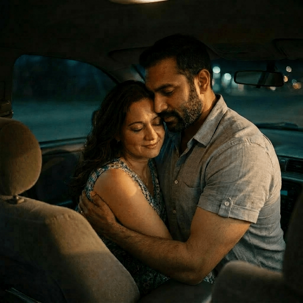 Young man hugging elderly woman inside car, showing affection